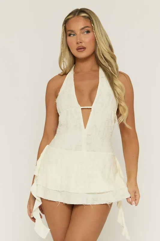 Cream Distressed Plunge Mini Dress - Imelda sold by Rebellious Fashion