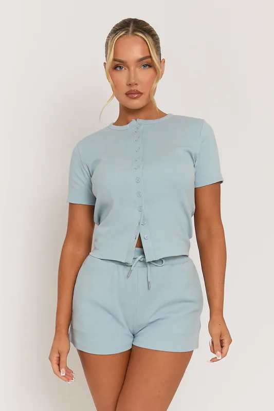 Light Blue Rib Button Front Top and Short Loungewear Co-ord Set - Dua sold by Rebellious Fashion