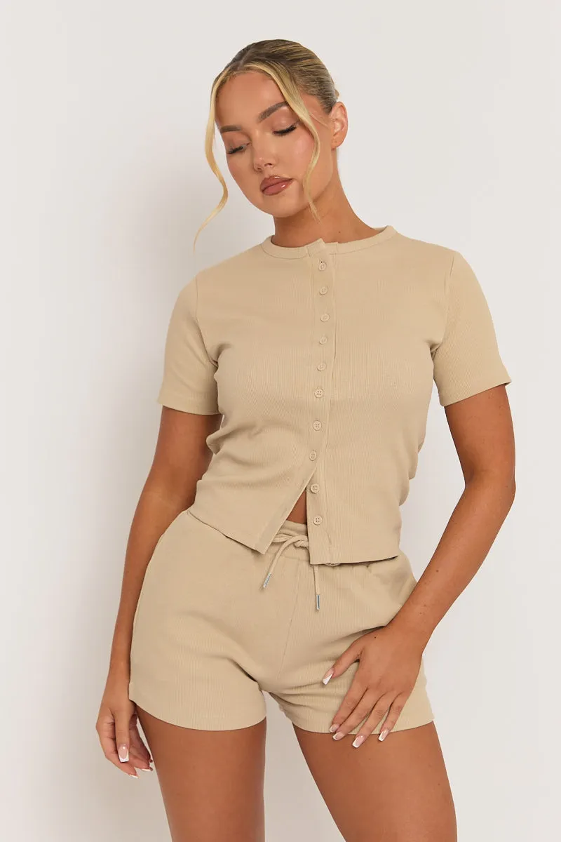 Beige Rib Button Front Top and Short Co-ord Set - Dua sold by Rebellious Fashion