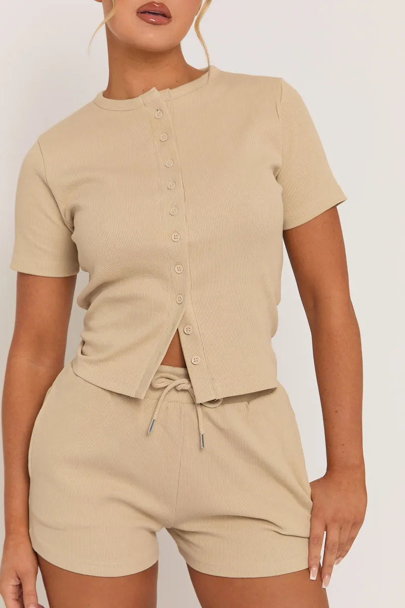 Beige Rib Button Front Top and Short Co-ord Set - Dua sold by Rebellious Fashion product image thumbnail 3