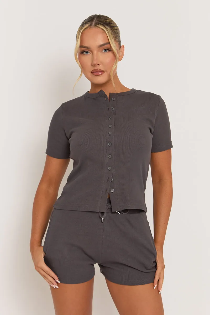 Charcoal Rib Button Front Top and Short Co-ord Set - Dua sold by Rebellious Fashion