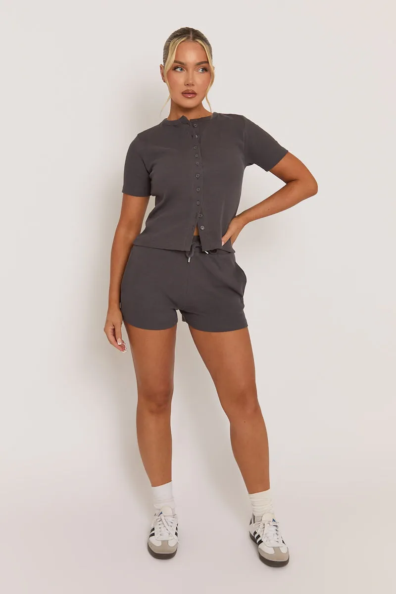 Charcoal Rib Button Front Top and Short Co-ord Set - Dua sold by Rebellious Fashion product image thumbnail 2