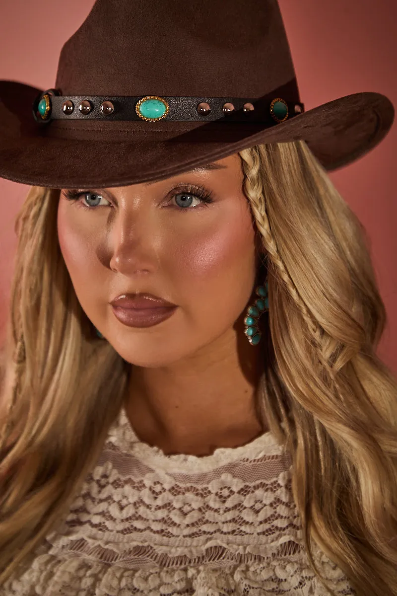 Brown Faux Suede Pendant Detail Cowboy Hat - Milia sold by Rebellious Fashion