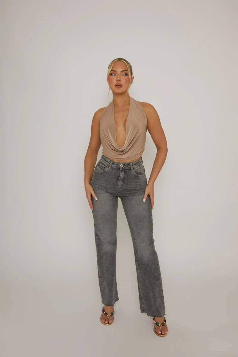 Taupe Plunge Halter Neck Top - Micah sold by Rebellious Fashion product image thumbnail 4