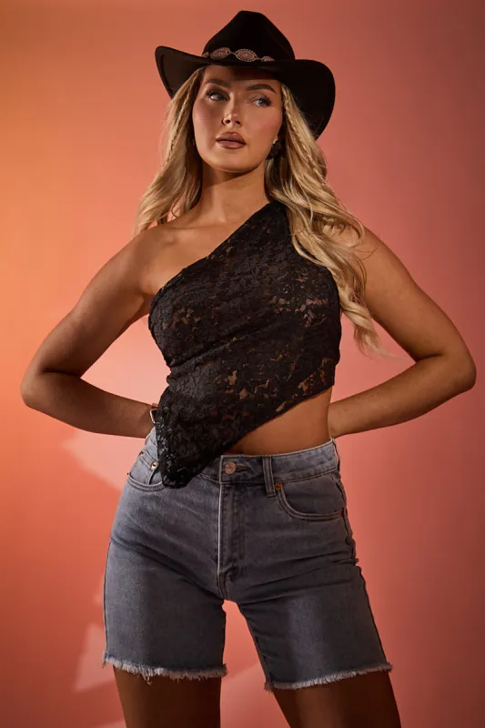 Black Lace Tie Back Asymmetric Top - Adia sold by Rebellious Fashion