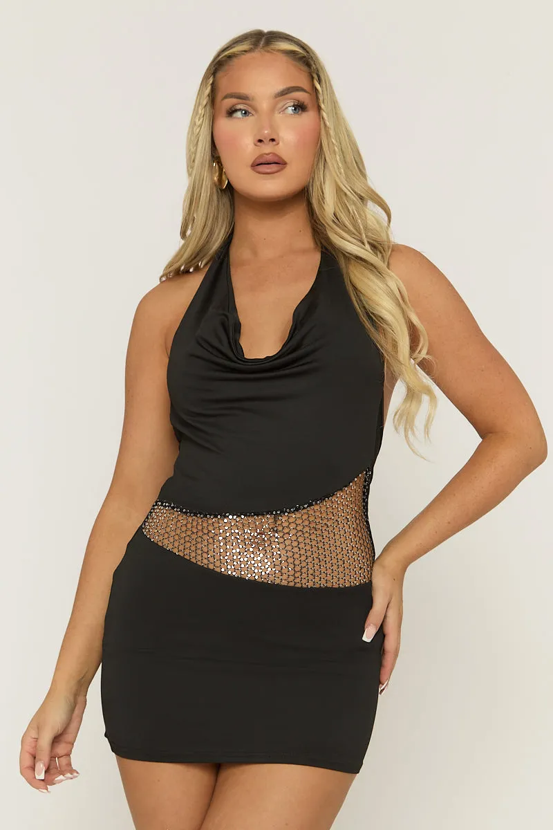 Black Cowl Diamante Mesh Mini Dress - Katerina sold by Rebellious Fashion product image thumbnail 3