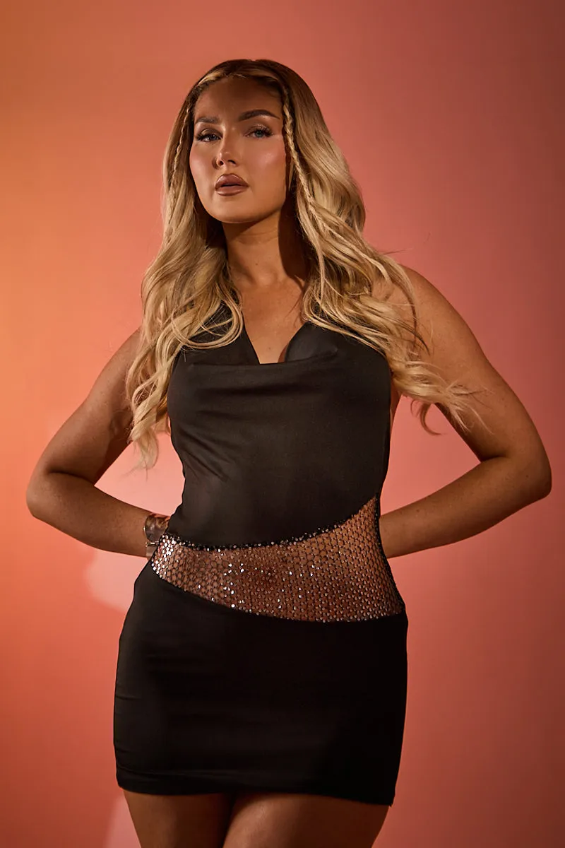 Black Cowl Diamante Mesh Mini Dress - Katerina sold by Rebellious Fashion