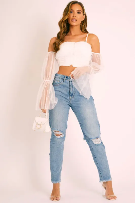 White Mesh Ruched Button Front Crop Top - Tula sold by Rebellious Fashion