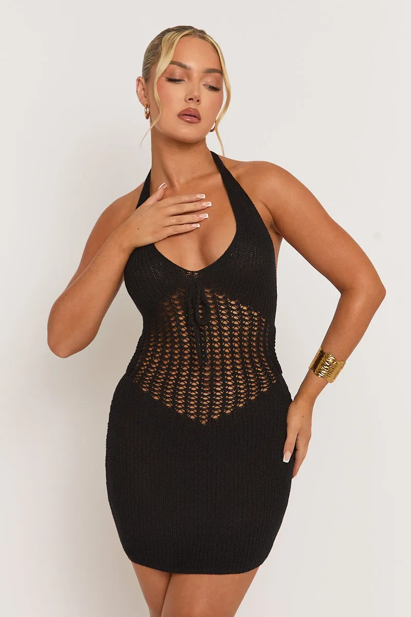 Black Crochet Halterneck Mini Dress - Delphine sold by Rebellious Fashion product image thumbnail 4