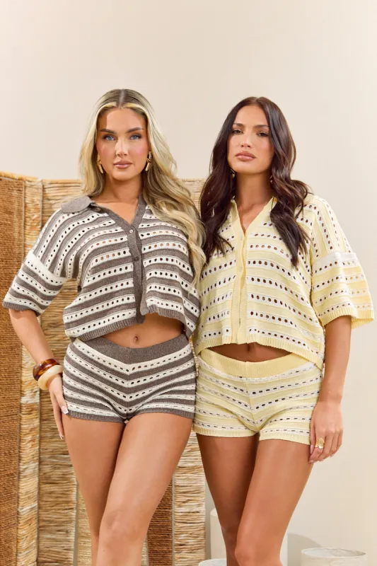 Butter Yellow Crochet Cropped Shirt and Short Co-ord Set - Clover sold by Rebellious Fashion