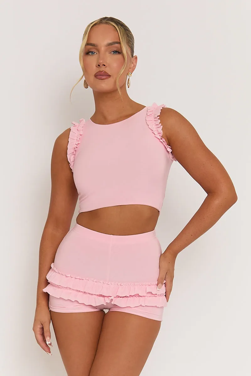Pink Ruffle Top and Short Co-ord Set - Cambria sold by Rebellious Fashion