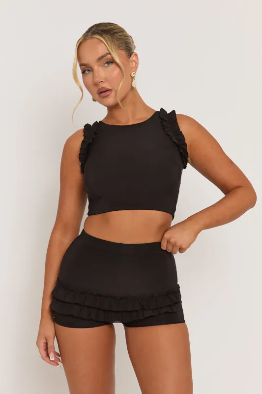 Black Ruffle Top and Short Co-ord Set - Cambria sold by Rebellious Fashion