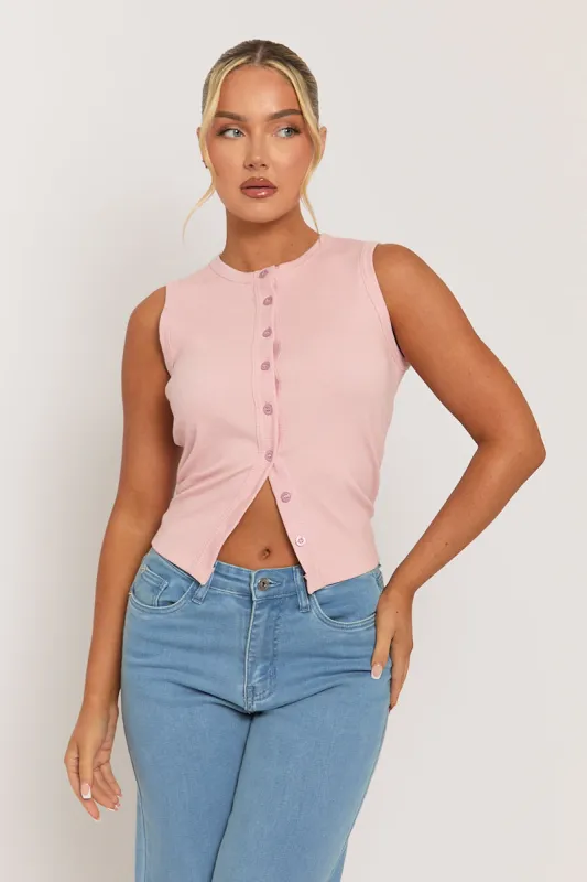 Pink Sleeve Button Up Rib Top - Nikolina sold by Rebellious Fashion