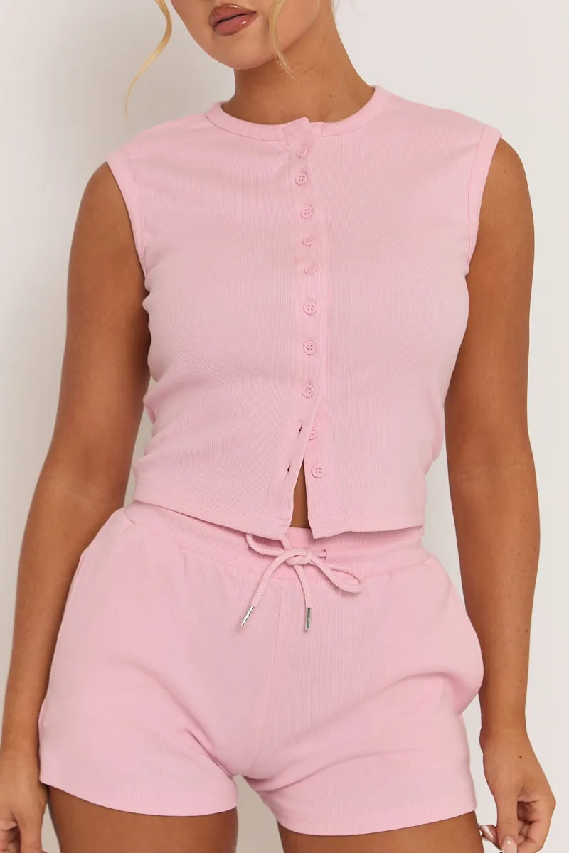 Pink Sleeveless Button Front Rib Top and Short Loungewear Co-ord Set - Zita sold by Rebellious Fashion product image thumbnail 3