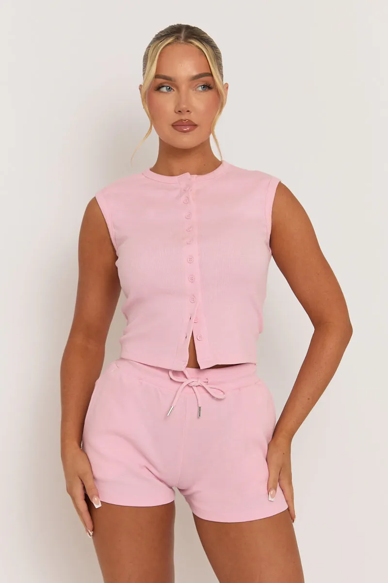 Pink Sleeveless Button Front Rib Top and Short Loungewear Co-ord Set - Zita sold by Rebellious Fashion