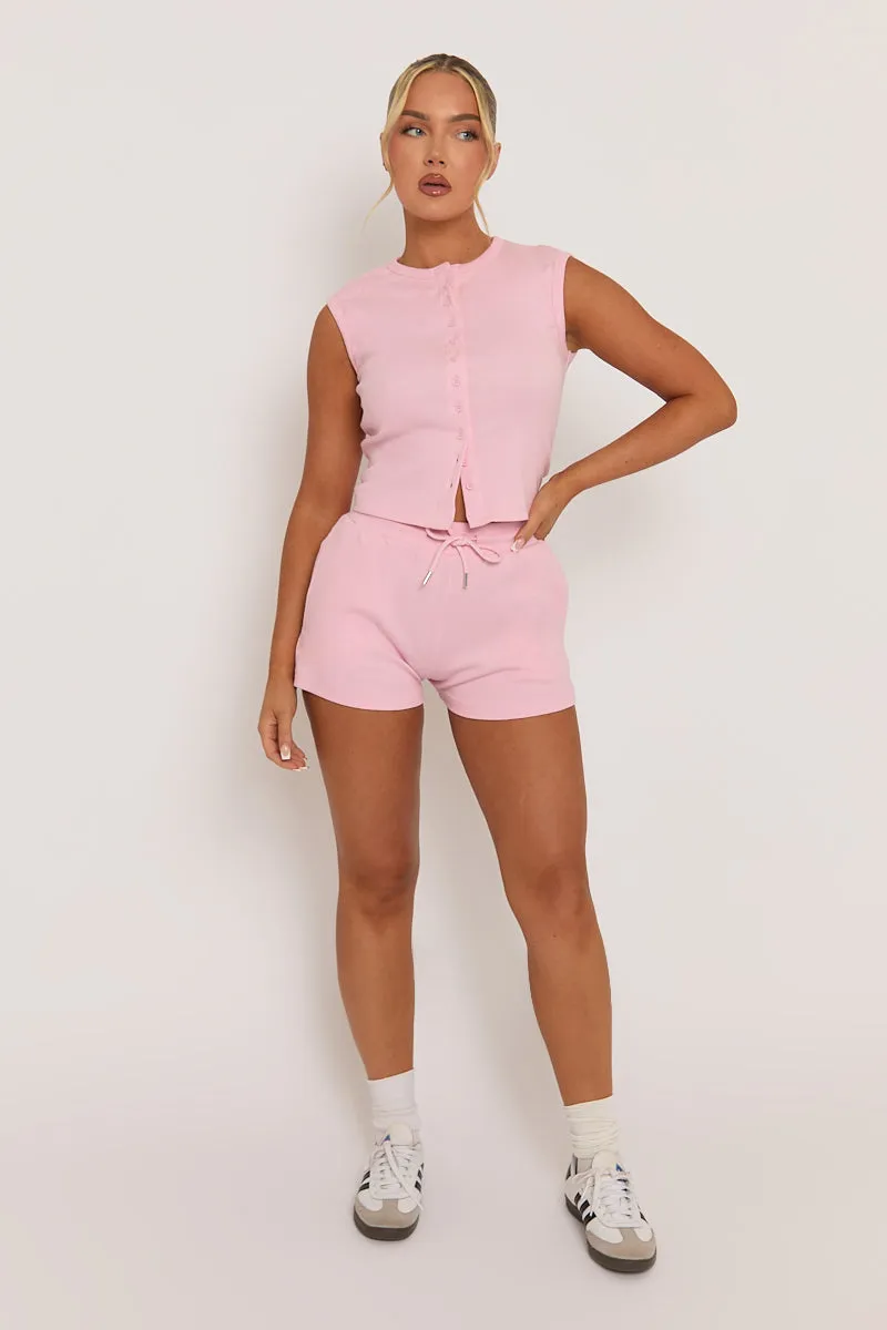 Pink Sleeveless Button Front Rib Top and Short Loungewear Co-ord Set - Zita sold by Rebellious Fashion product image thumbnail 2