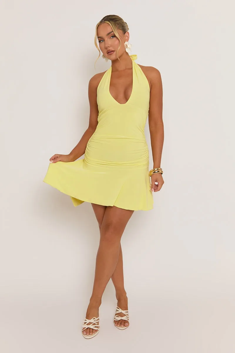 Butter Yellow Halterneck Waterfall Hem Mini Dress - Mia sold by Rebellious Fashion