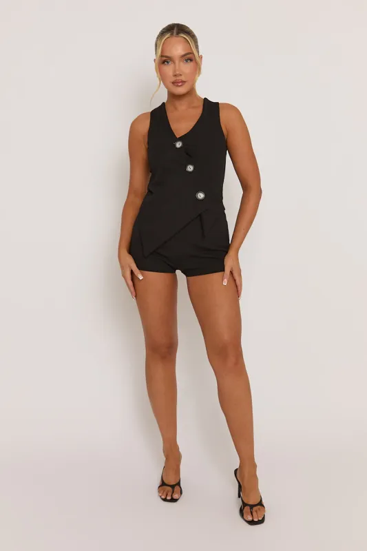 Black Asymmetric Waistcoat & Shorts Co-ord Set - Stella sold by Rebellious Fashion
