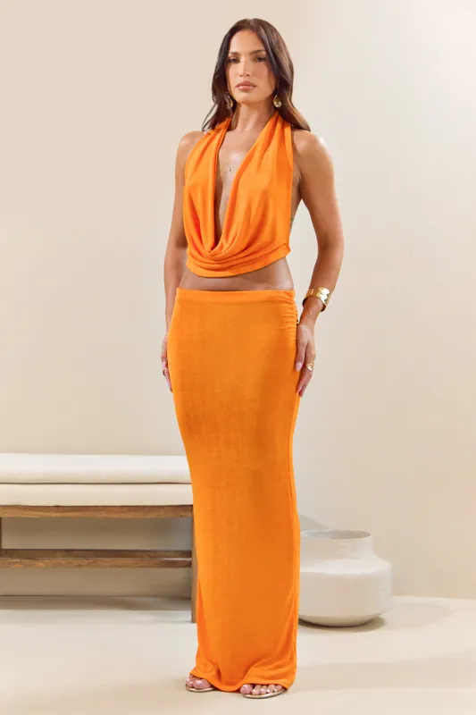 Orange Plunge Halter Top and Maxi Skirt Co-ord Set - Aaliyah sold by Rebellious Fashion