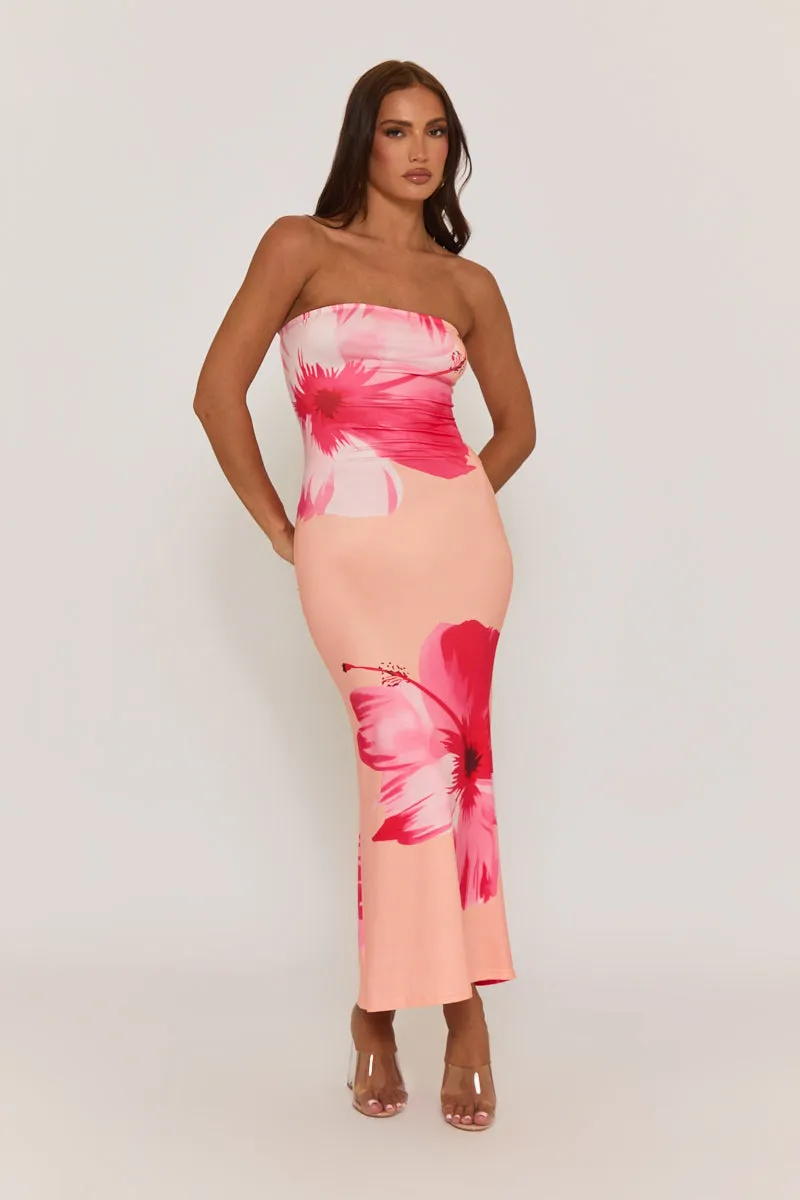 Orange Flower Print Bandeau Maxi Dress - Ava sold by Rebellious Fashion product image thumbnail 5