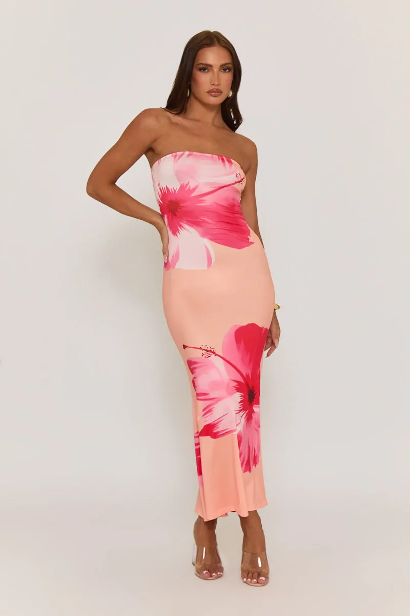 Orange Flower Print Bandeau Maxi Dress - Ava sold by Rebellious Fashion product image thumbnail 4