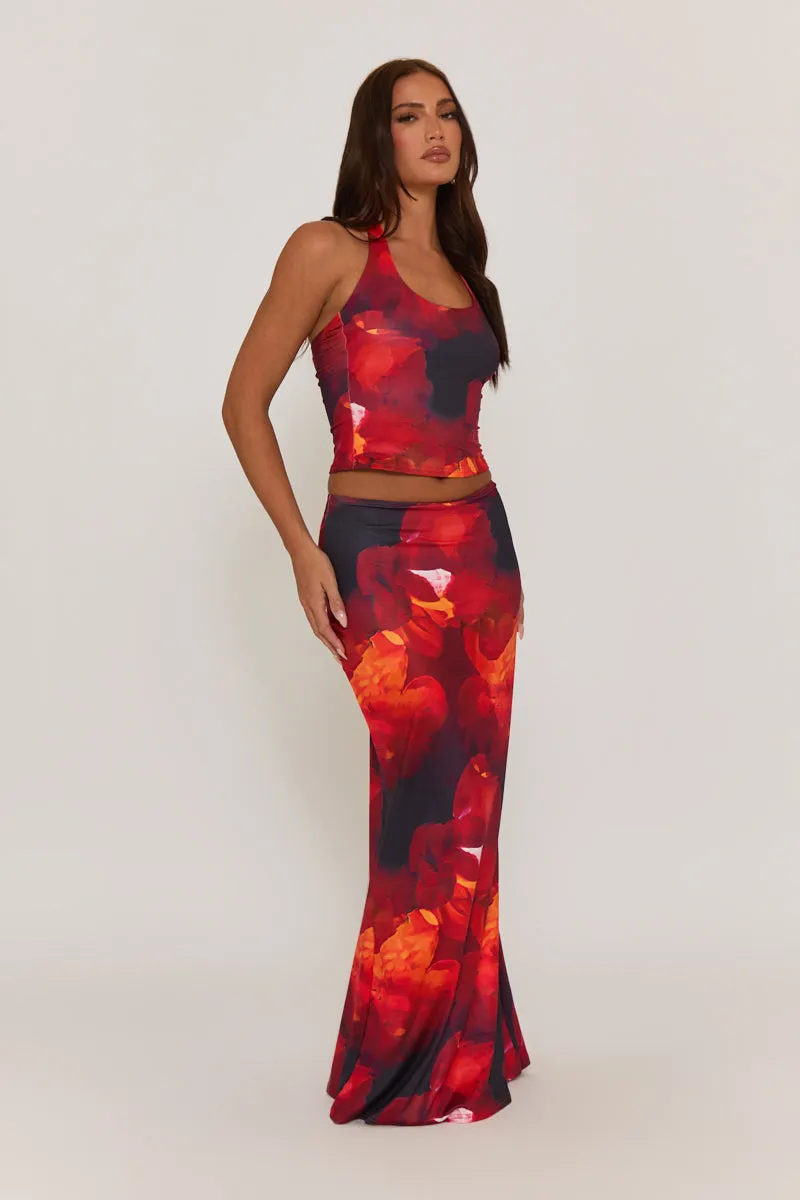 Red Floral Halterneck Top and Maxi Skirt Co-ord Set - Cecilia sold by Rebellious Fashion product image thumbnail 3