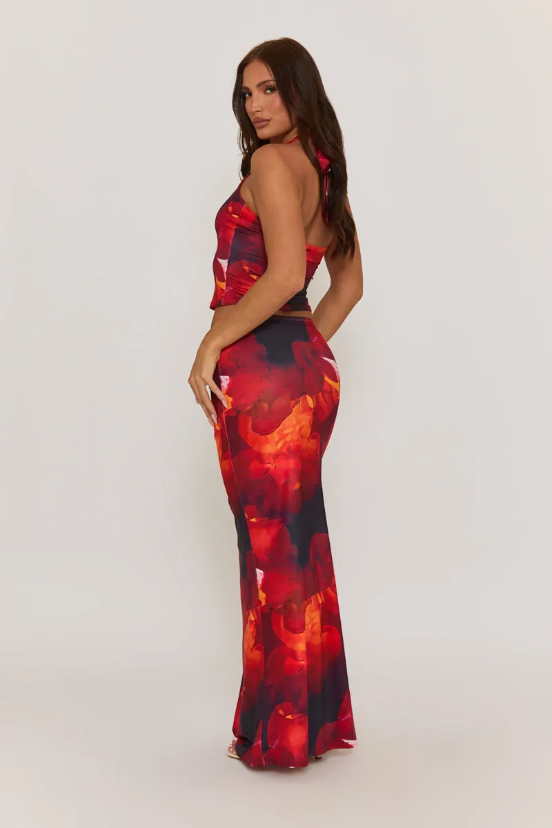 Red Floral Halterneck Top and Maxi Skirt Co-ord Set - Cecilia sold by Rebellious Fashion product image thumbnail 5