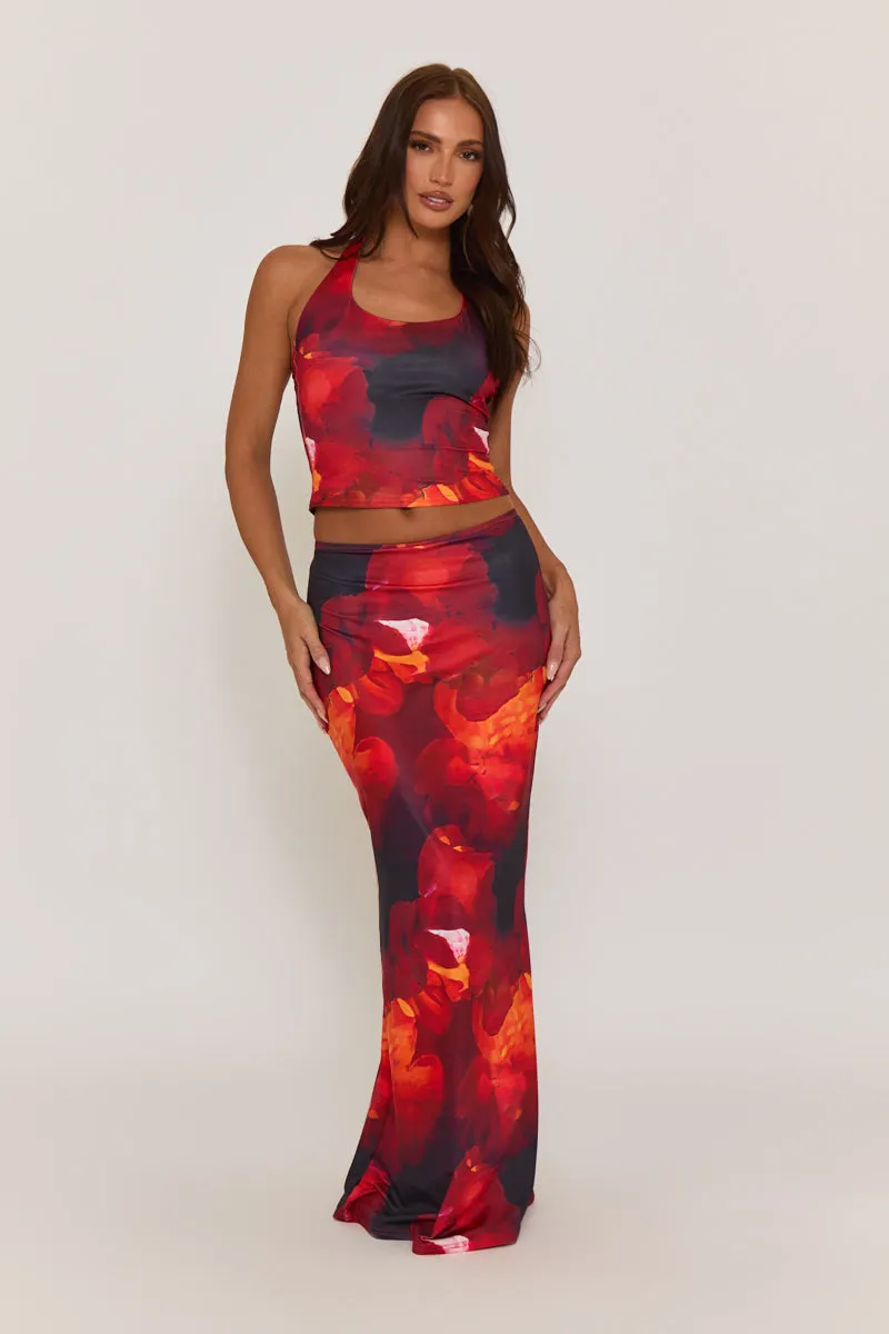 Red Floral Halterneck Top and Maxi Skirt Co-ord Set - Cecilia sold by Rebellious Fashion product image thumbnail 2