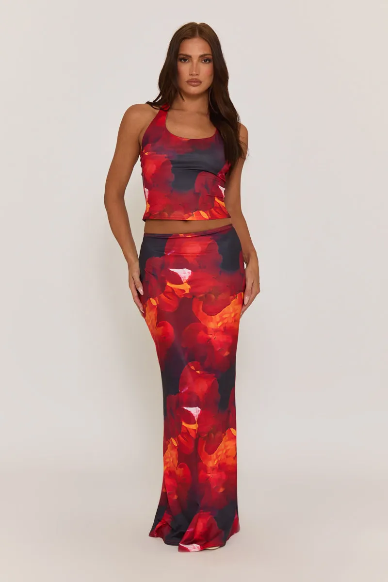 Red Floral Halterneck Top and Maxi Skirt Co-ord Set - Cecilia sold by Rebellious Fashion