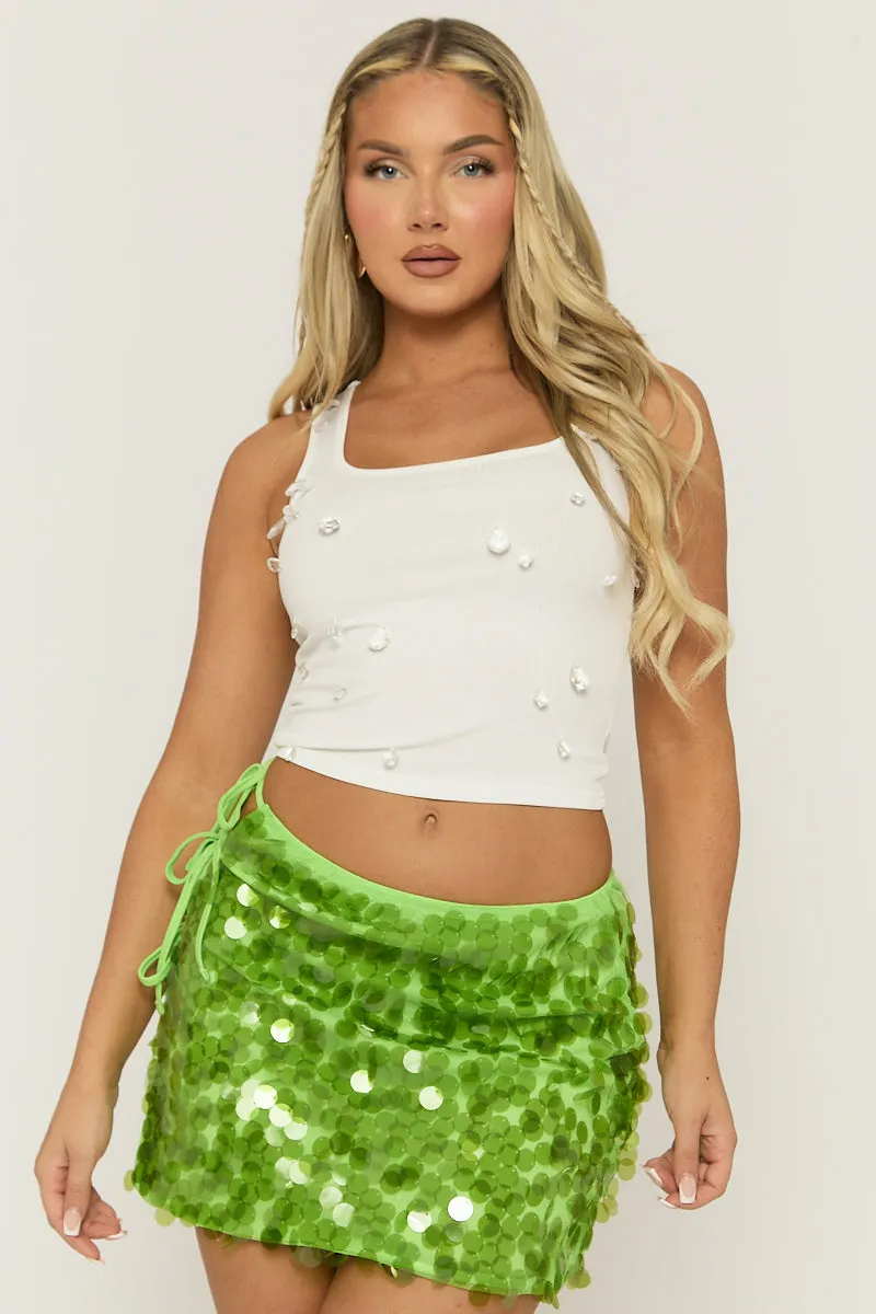 Green Disc Sequin Tie Side Mini Skirt - Colleen sold by Rebellious Fashion