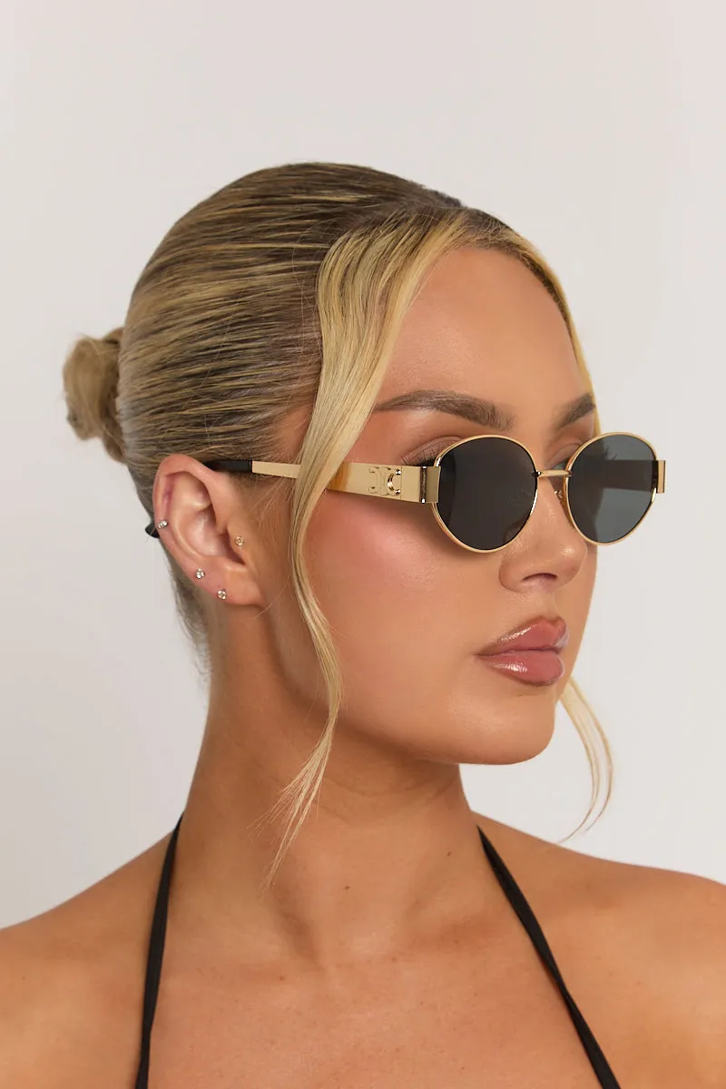 Gold Oval Frame Black Tinted Lense Sunglasses - Grady sold by Rebellious Fashion