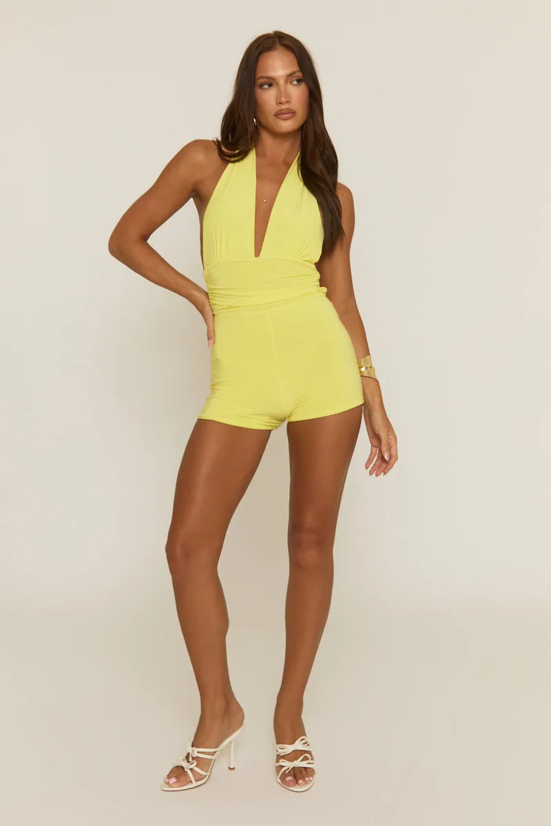 Yellow Halter Neck Plunge Tie Back Playsuit - Florine sold by Rebellious Fashion product image thumbnail 4