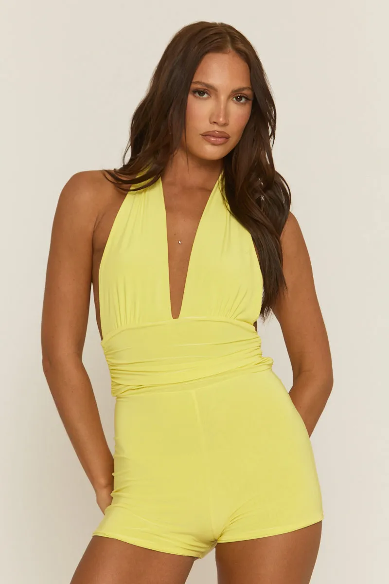 Yellow Halter Neck Plunge Tie Back Playsuit - Florine sold by Rebellious Fashion product image thumbnail 2