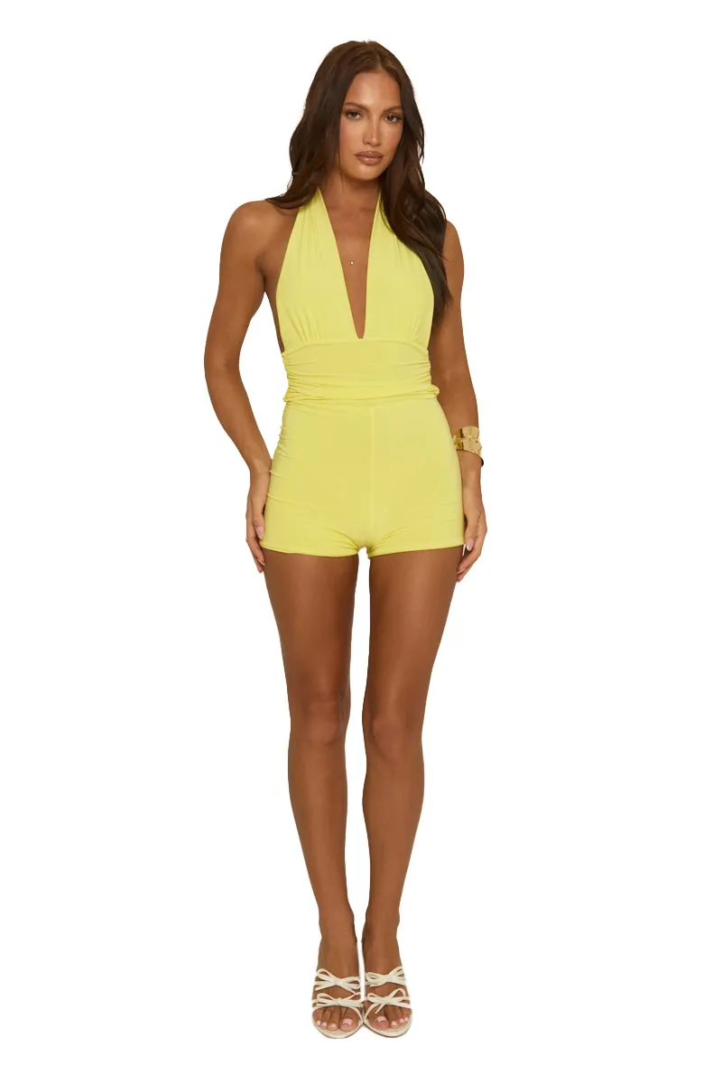 Yellow Halter Neck Plunge Tie Back Playsuit - Florine sold by Rebellious Fashion product image thumbnail 5