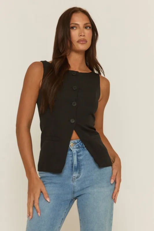 Black Slash Neck Woven Waistcoat - Maryam sold by Rebellious Fashion
