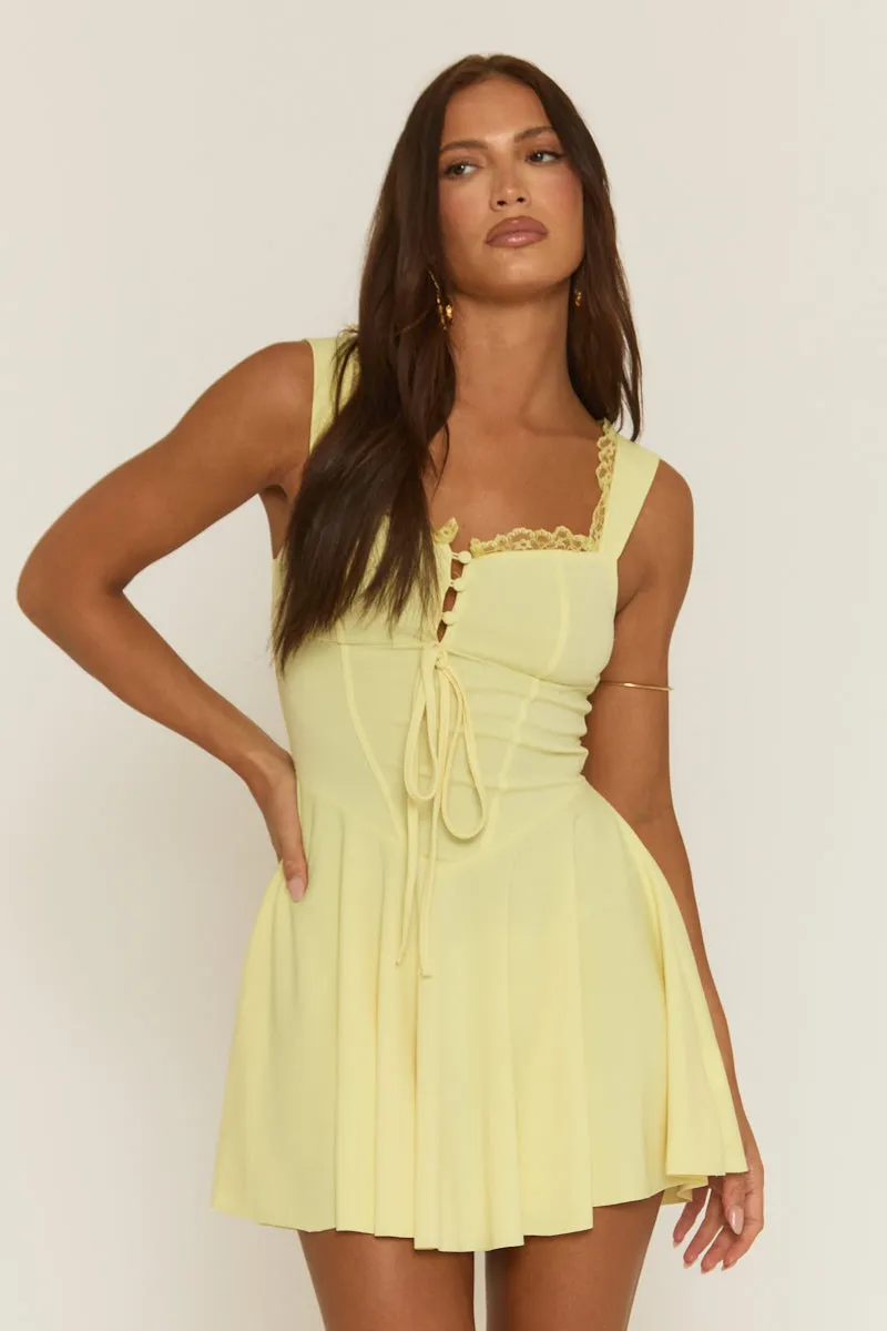 Butter Yellow Lace Trim Corseted Mini Skater Dress - Clare sold by Rebellious Fashion product image thumbnail 2
