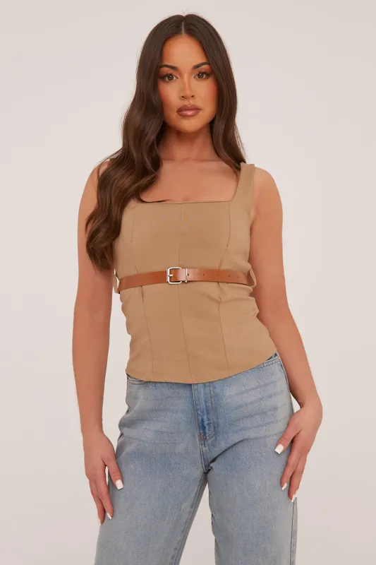 Camel Belt Detail Square Neck Sleeveless Top - Lucee sold by Rebellious Fashion