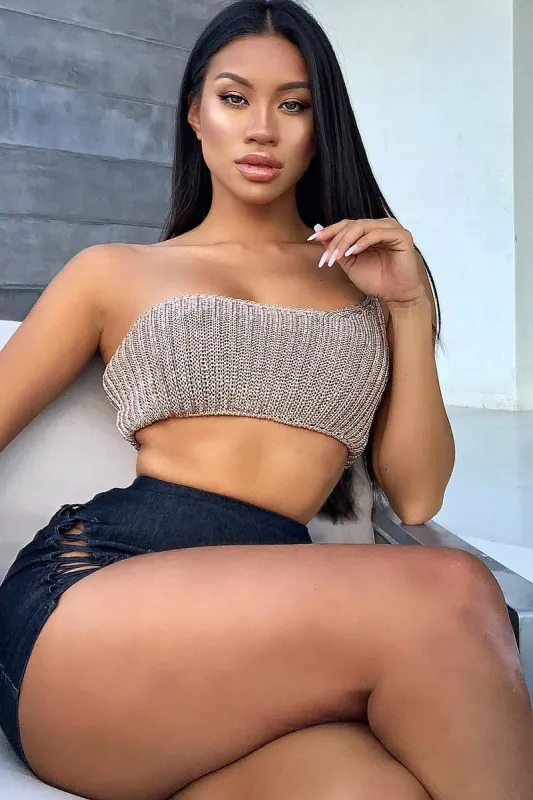 Rose Gold Knitted One Shoulder Crop Top - Houda sold by Rebellious Fashion