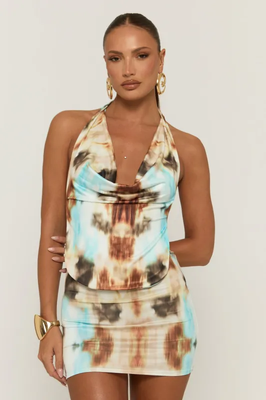 Brown Blur Print Plunge Halter Top and Mini Skirt Co-ord Set - Lora sold by Rebellious Fashion
