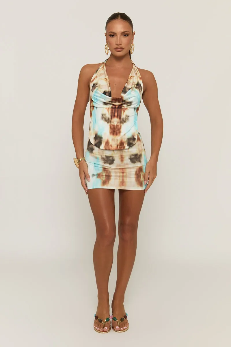 Brown Blur Print Plunge Halter Top and Mini Skirt Co-ord Set - Lora sold by Rebellious Fashion product image thumbnail 2