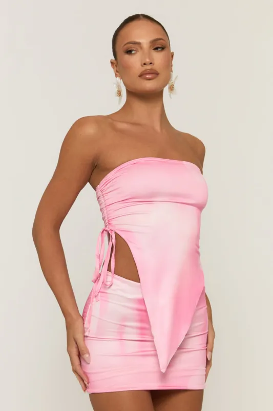 Pink Ruched Asymmetric Bandeau and Mini Skirt Co-ord Set - Lillie sold by Rebellious Fashion