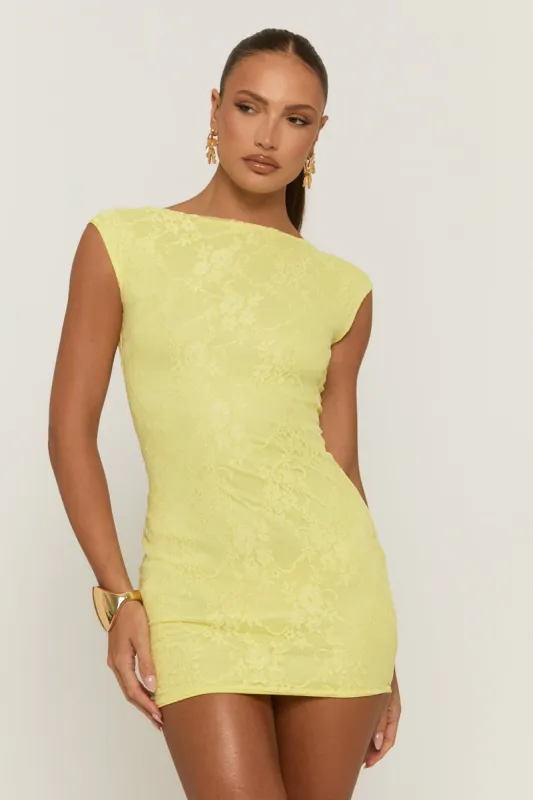 Yellow Lace Boat Neck Backless Bodycon Mini Dress - Mollie sold by Rebellious Fashion