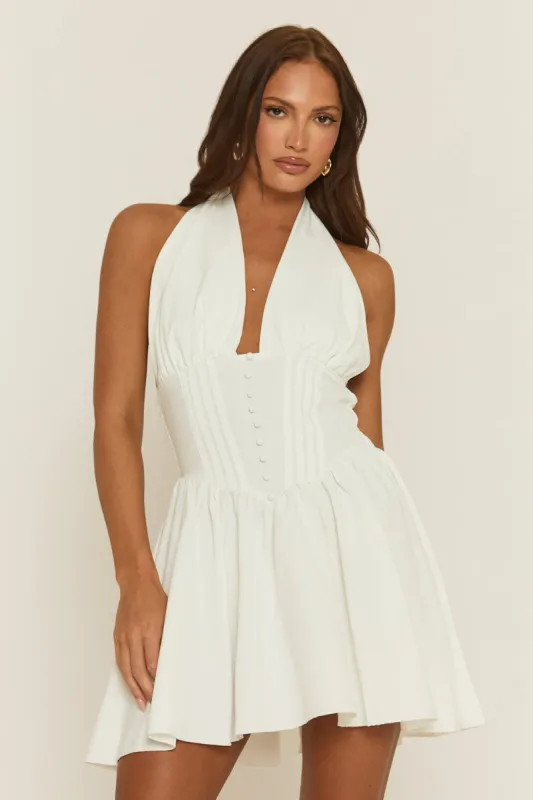White Button Front Corseted Halterneck Skater Dress - Lucie made by Rebellious Fashion