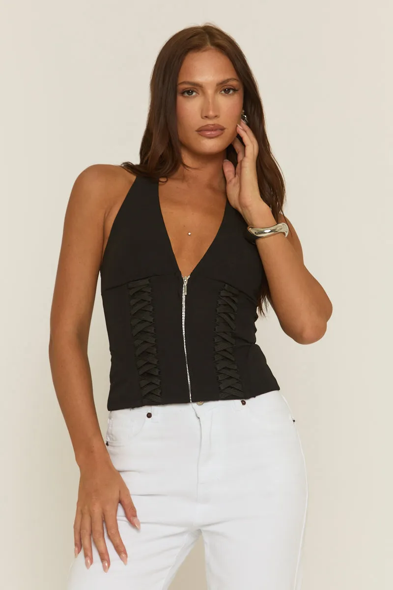 Black Halterneck Lace Detail Plunge Top - Olive sold by Rebellious Fashion