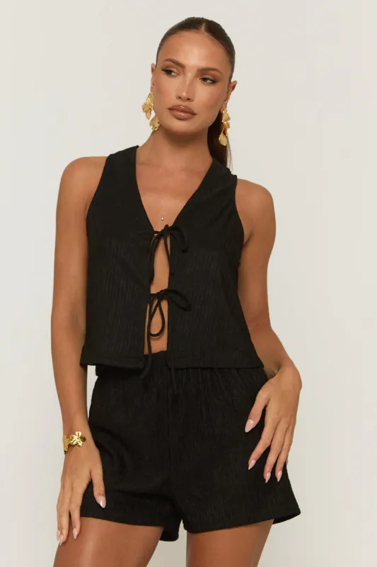 Black Crinkle Tie Front Top & Shorts Co-ord Set - Stephanie sold by Rebellious Fashion