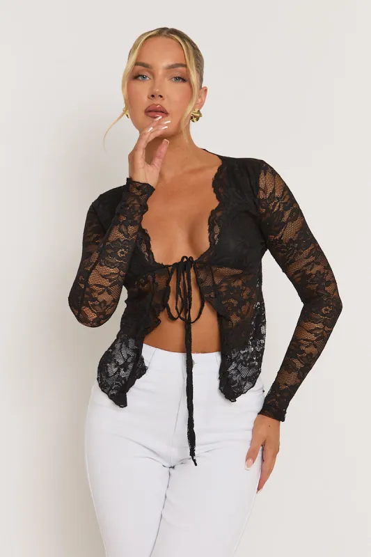 Black Lace Tie Front Top - Lana sold by Rebellious Fashion