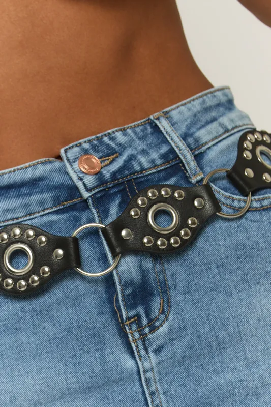 Black Faux Leather Oval Stud Detail Belt - Liv sold by Rebellious Fashion