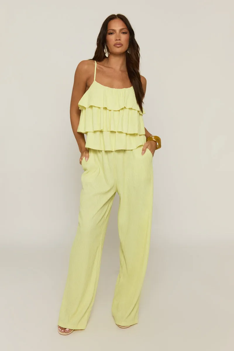 Yellow Textured Ruffle Cami Top and Wide Leg Trouser Co-ord Set - Pisa sold by Rebellious Fashion
