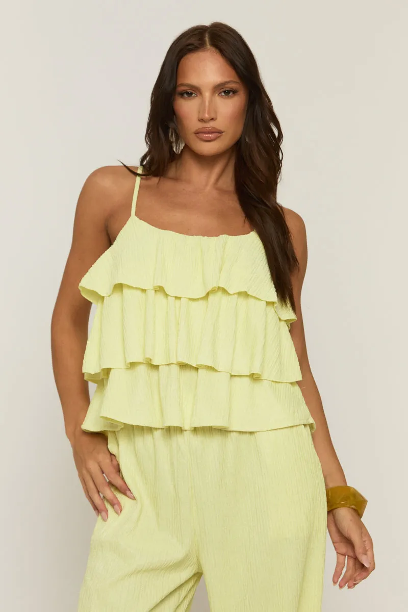 Yellow Textured Ruffle Cami Top and Wide Leg Trouser Co-ord Set - Pisa sold by Rebellious Fashion product image thumbnail 2