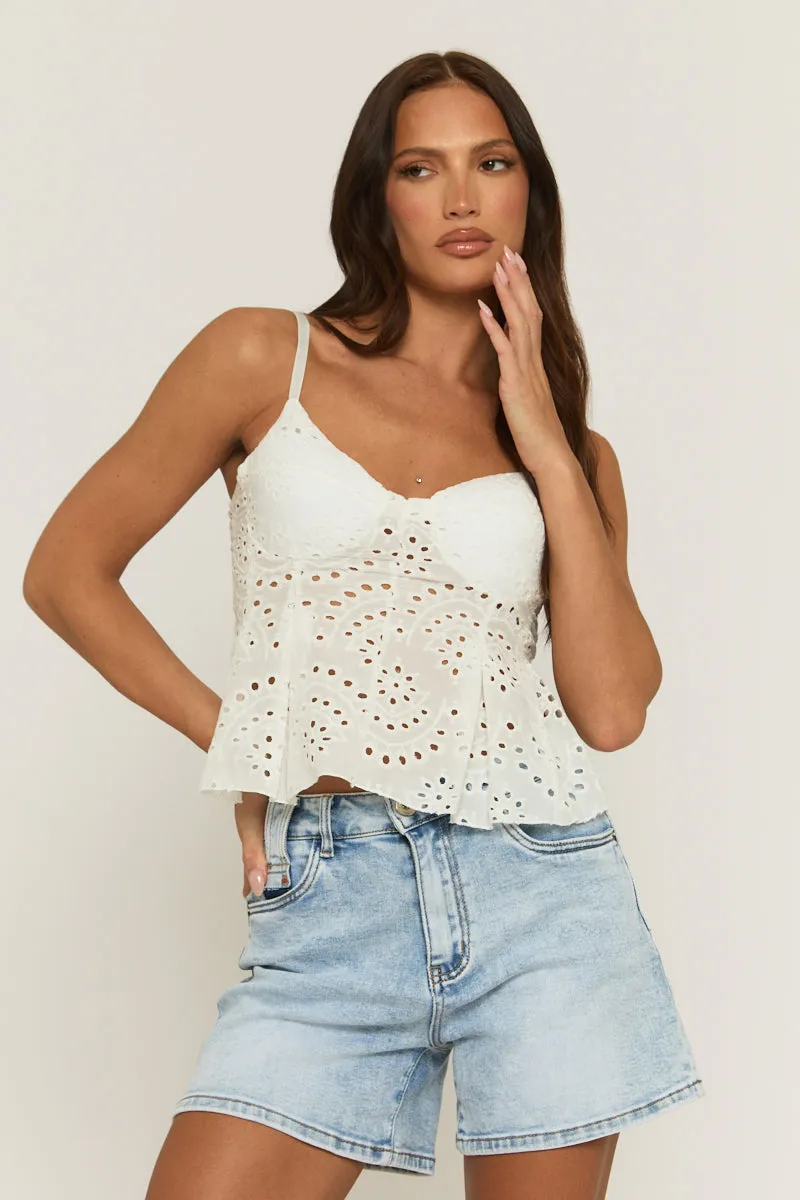 White Broderie Pleat Detail Cami Top - Martha sold by Rebellious Fashion